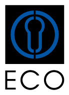 Das ECO-Logo zeigt ein stilisiertes Schlüsselloch-Symbol in Blau und Schwarz, über dem Schriftzug „ECO“ in schwarzer Schrift.