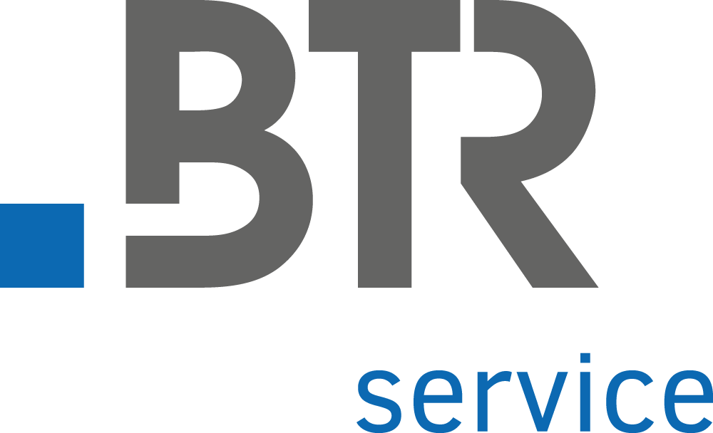 Das Logo von BTR Service in grauer und blauer Schrift.