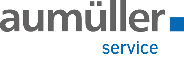 Das Logo von Aumüller Service in grauer und blauer Schrift auf weißem Hintergrund.